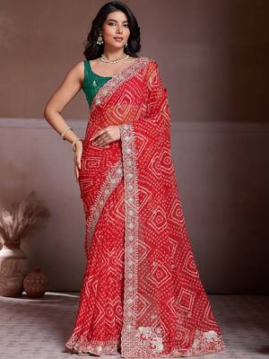 Red bandhani printed saree with unstitched blouse 3