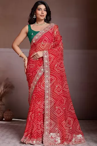 Red bandhani printed saree with unstitched blouse