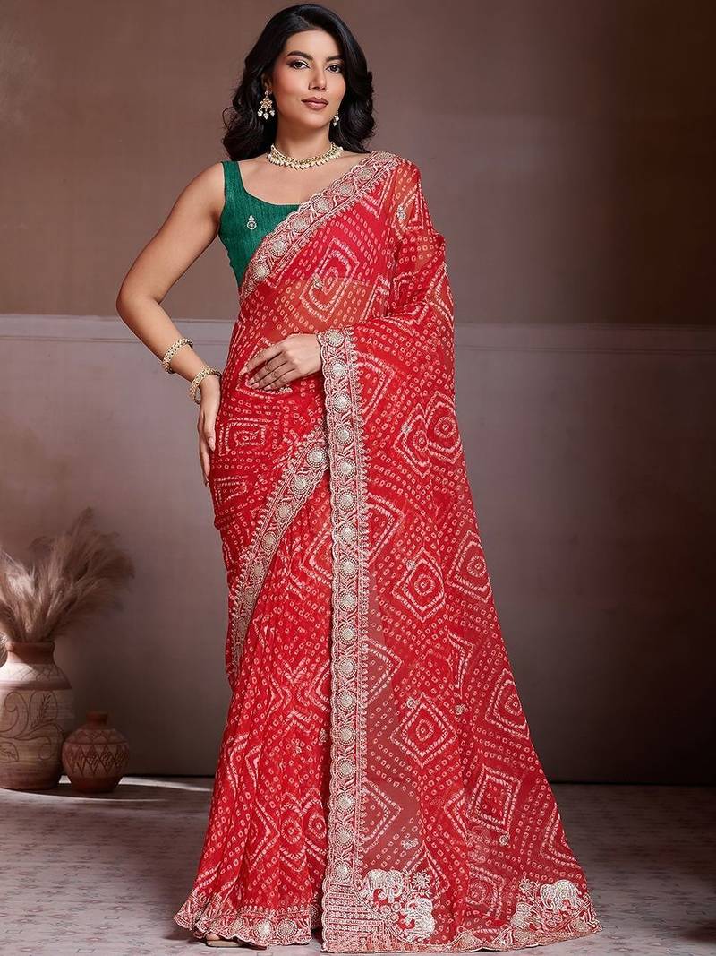 Red bandhani printed saree with unstitched blouse