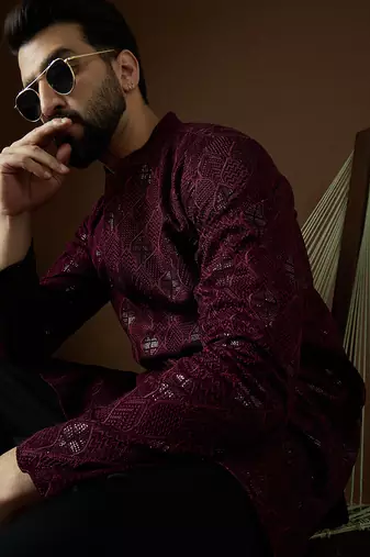 Men’s purple georgette solid embroidered kurta with trouser set | trendy designer ethnic wear for wedding, festive