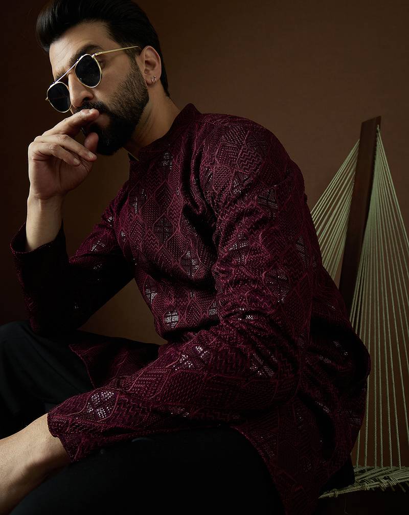 Men’s purple georgette solid embroidered kurta with trouser set | trendy designer ethnic wear for wedding, festive