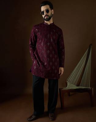 Men’s purple georgette solid embroidered kurta with trouser set | trendy designer ethnic wear for wedding, festive 1