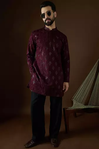 Men’s purple georgette solid embroidered kurta with trouser set | trendy designer ethnic wear for wedding, festive