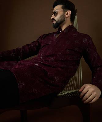 Men’s purple georgette solid embroidered kurta with trouser set | trendy designer ethnic wear for wedding, festive 3