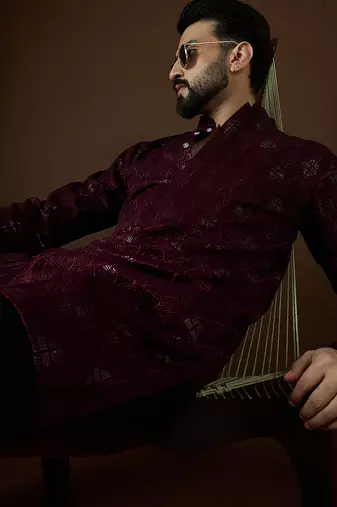 Men’s purple georgette solid embroidered kurta with trouser set | trendy designer ethnic wear for wedding, festive