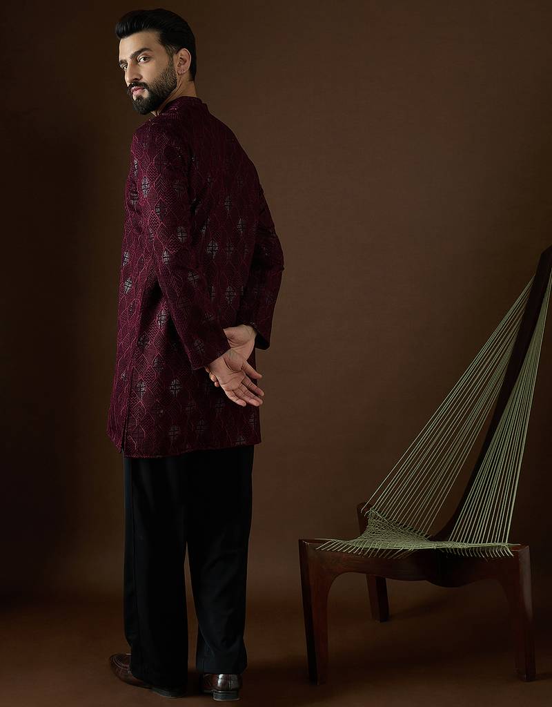 Men’s purple georgette solid embroidered kurta with trouser set | trendy designer ethnic wear for wedding, festive