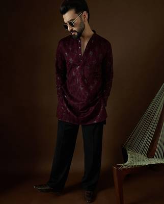 Men’s purple georgette solid embroidered kurta with trouser set | trendy designer ethnic wear for wedding, festive 5