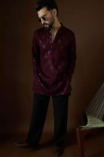 Men’s purple georgette solid embroidered kurta with trouser set | trendy designer ethnic wear for wedding, festive