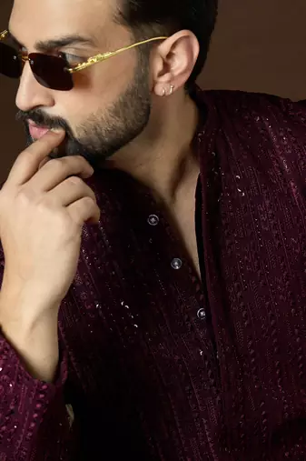 Men’s purple georgette solid embroidered kurta with trouser set | trendy designer ethnic wear for wedding, festive