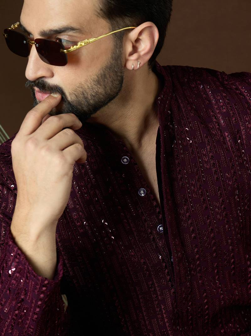 Men’s purple georgette solid embroidered kurta with trouser set | trendy designer ethnic wear for wedding, festive
