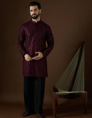 Men’s purple georgette solid embroidered kurta with trouser set | trendy designer ethnic wear for wedding, festive 1