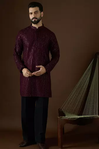 Men’s purple georgette solid embroidered kurta with trouser set | trendy designer ethnic wear for wedding, festive