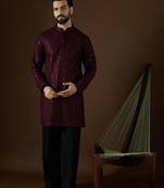 Men’s purple georgette solid embroidered kurta with trouser set | trendy designer ethnic wear for wedding, festive
