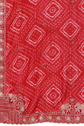 Red bandhani printed saree with unstitched blouse