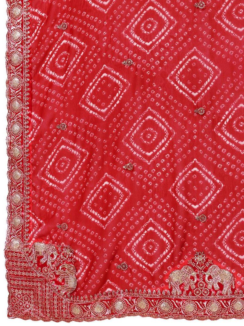 Red bandhani printed saree with unstitched blouse