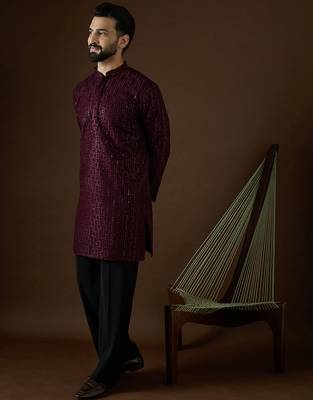 Men’s purple georgette solid embroidered kurta with trouser set | trendy designer ethnic wear for wedding, festive 3