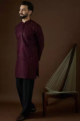 Men’s purple georgette solid embroidered kurta with trouser set | trendy designer ethnic wear for wedding, festive