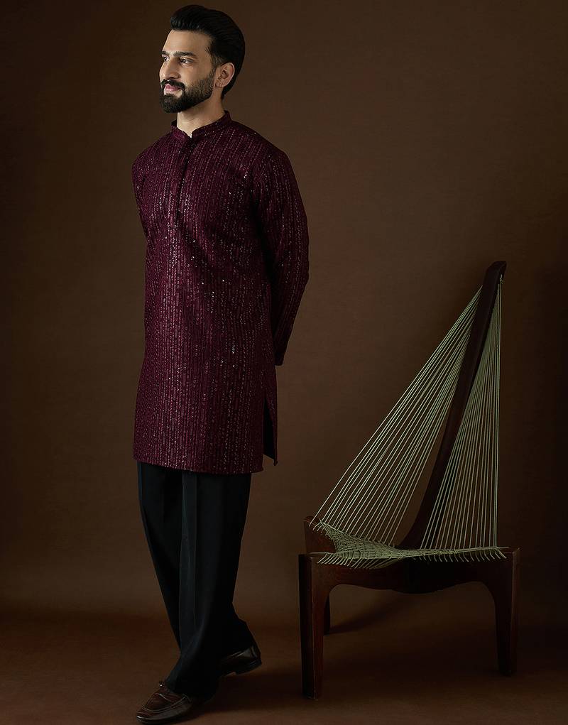 Men’s purple georgette solid embroidered kurta with trouser set | trendy designer ethnic wear for wedding, festive