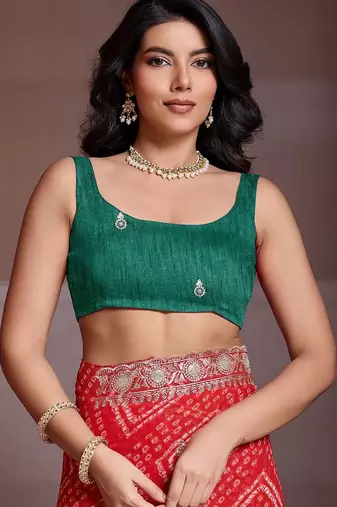 Red bandhani printed saree with unstitched blouse