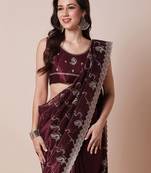 Burgundy embellished party wear saree with unstitched blouse