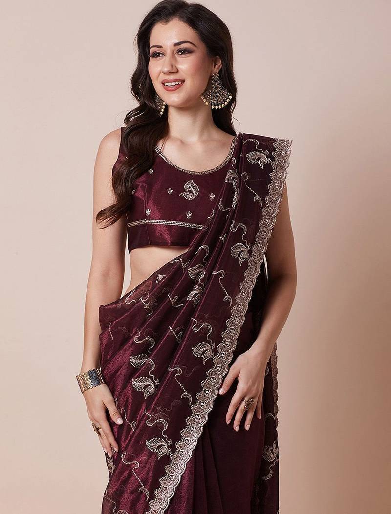 Burgundy embellished party wear saree with unstitched blouse