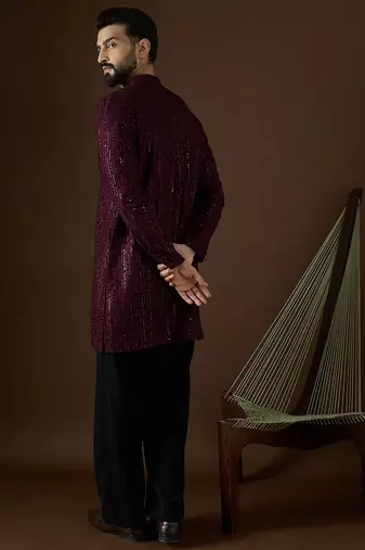 Men’s purple georgette solid embroidered kurta with trouser set | trendy designer ethnic wear for wedding, festive