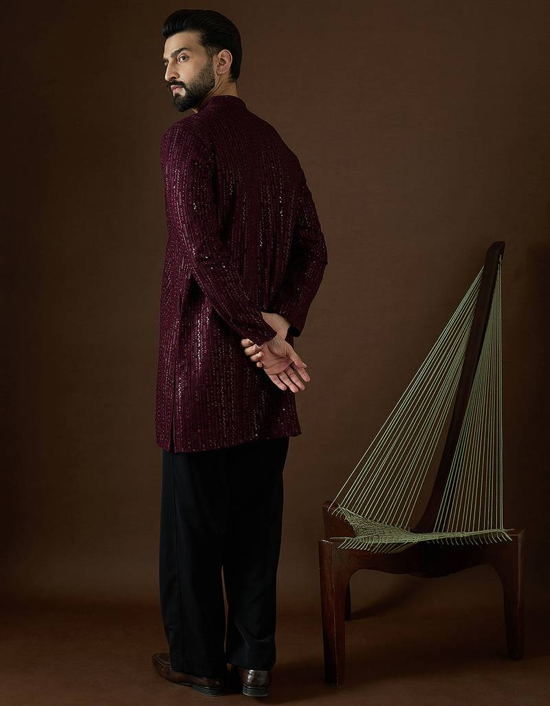 Men’s purple georgette solid embroidered kurta with trouser set | trendy designer ethnic wear for wedding, festive