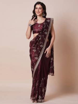 Burgundy embellished party wear saree with unstitched blouse 2