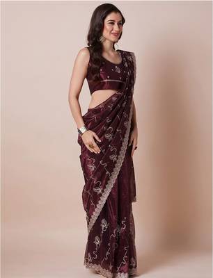 Burgundy embellished party wear saree with unstitched blouse 3