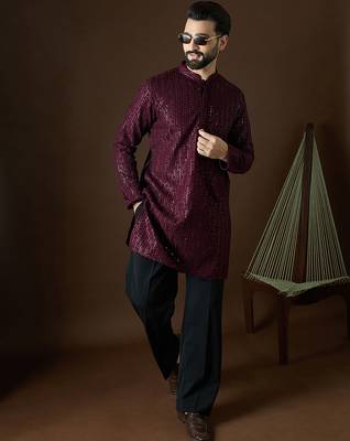Men’s purple georgette solid embroidered kurta with trouser set | trendy designer ethnic wear for wedding, festive 5