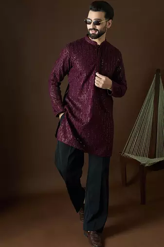 Men’s purple georgette solid embroidered kurta with trouser set | trendy designer ethnic wear for wedding, festive