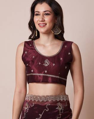Burgundy embellished party wear saree with unstitched blouse 5
