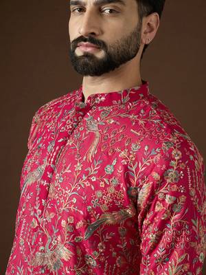 Men’s pink georgette solid embroidered kurta with trouser set | trendy designer ethnic wear for wedding, festive 2