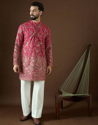 Men’s pink georgette solid embroidered kurta with trouser set | trendy designer ethnic wear for wedding, festive 1