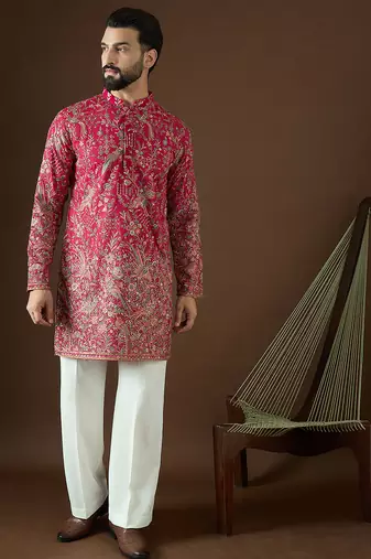 Men’s pink georgette solid embroidered kurta with trouser set | trendy designer ethnic wear for wedding, festive