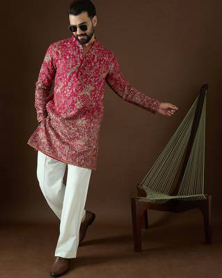 Men’s pink georgette solid embroidered kurta with trouser set | trendy designer ethnic wear for wedding, festive 3