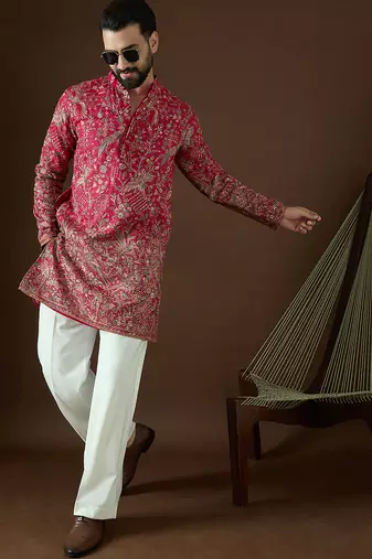 Men’s pink georgette solid embroidered kurta with trouser set | trendy designer ethnic wear for wedding, festive