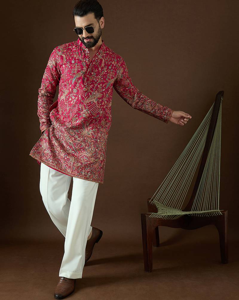 Men’s pink georgette solid embroidered kurta with trouser set | trendy designer ethnic wear for wedding, festive