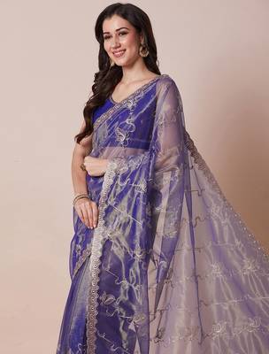 Violet embellished party wear sheer saree with unstitched blouse 1
