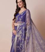 Violet embellished party wear sheer saree with unstitched blouse
