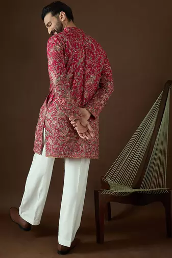 Men’s pink georgette solid embroidered kurta with trouser set | trendy designer ethnic wear for wedding, festive