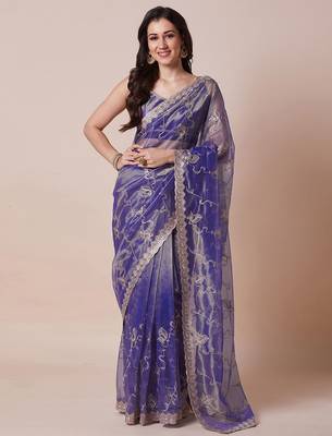 Violet embellished party wear sheer saree with unstitched blouse 2