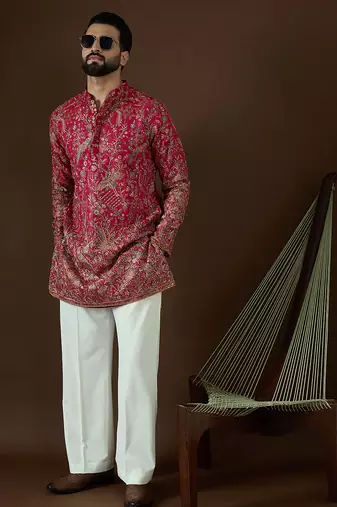 Men’s pink georgette solid embroidered kurta with trouser set | trendy designer ethnic wear for wedding, festive