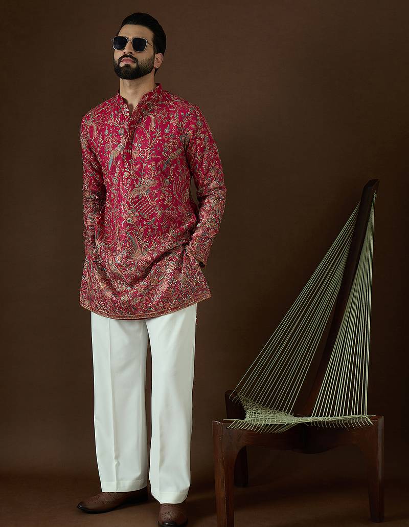 Men’s pink georgette solid embroidered kurta with trouser set | trendy designer ethnic wear for wedding, festive