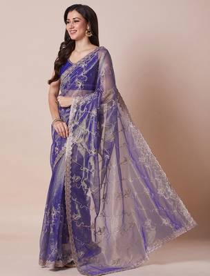 Violet embellished party wear sheer saree with unstitched blouse 3