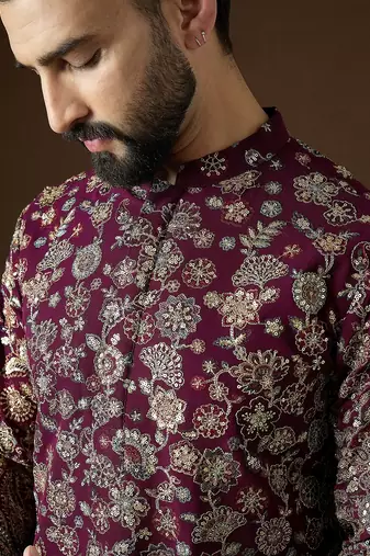 Men’s purple georgette solid embroidered kurta with trouser set | trendy designer ethnic wear for wedding, festive