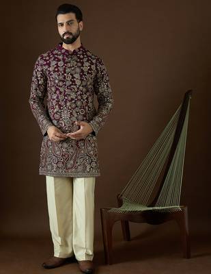 Men’s purple georgette solid embroidered kurta with trouser set | trendy designer ethnic wear for wedding, festive 1