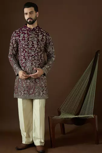 Men’s purple georgette solid embroidered kurta with trouser set | trendy designer ethnic wear for wedding, festive