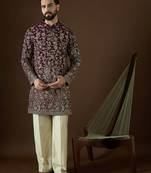 Men’s purple georgette solid embroidered kurta with trouser set | trendy designer ethnic wear for wedding, festive
