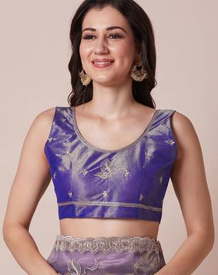 Violet embellished party wear sheer saree with unstitched blouse 5
